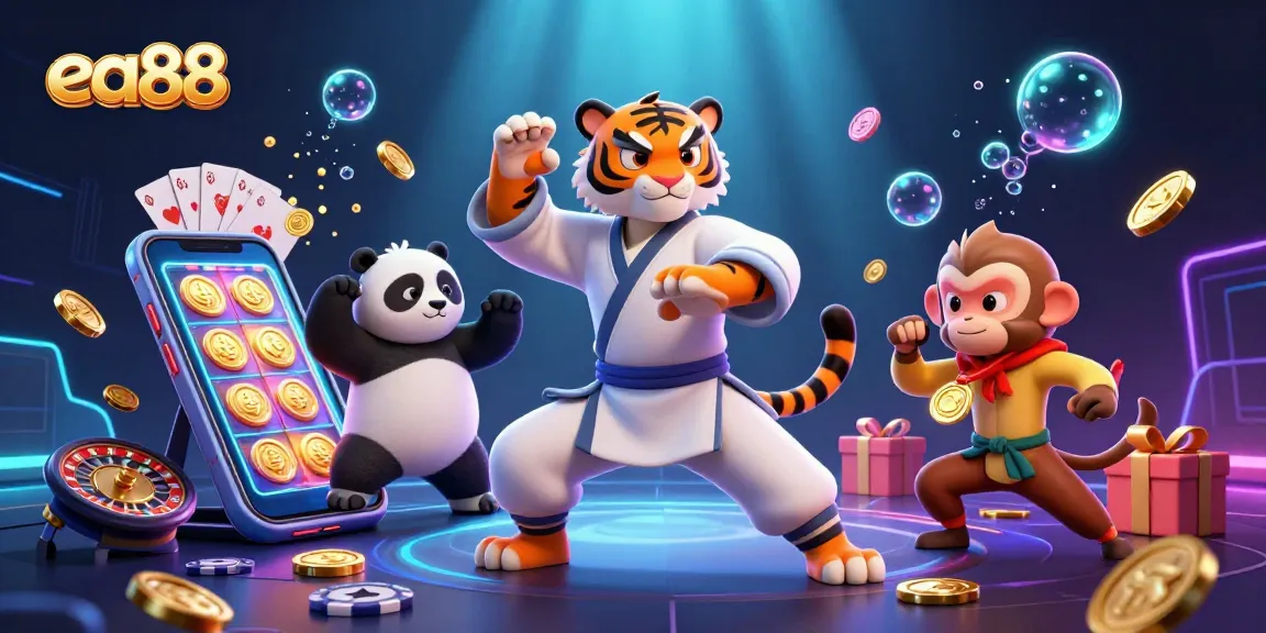 Engage with thrilling gaming on ea88 as kung fu characters showcase dynamic casino excitement.