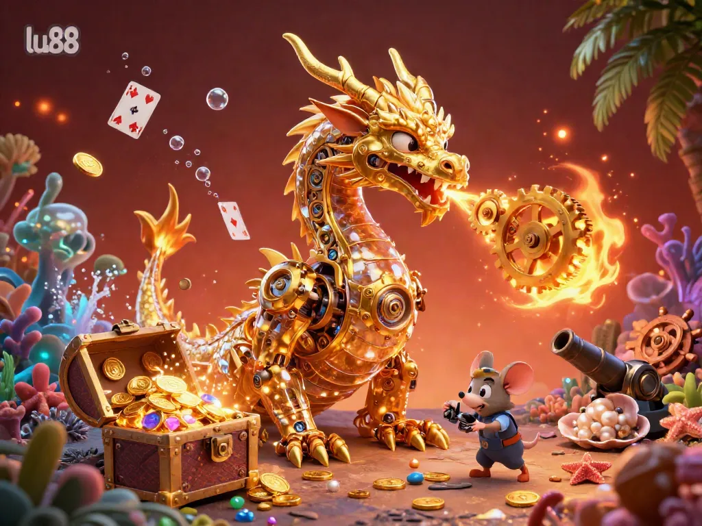 Experience thrilling gameplay with lu88's cartoon dragon amidst treasure and casino elements.