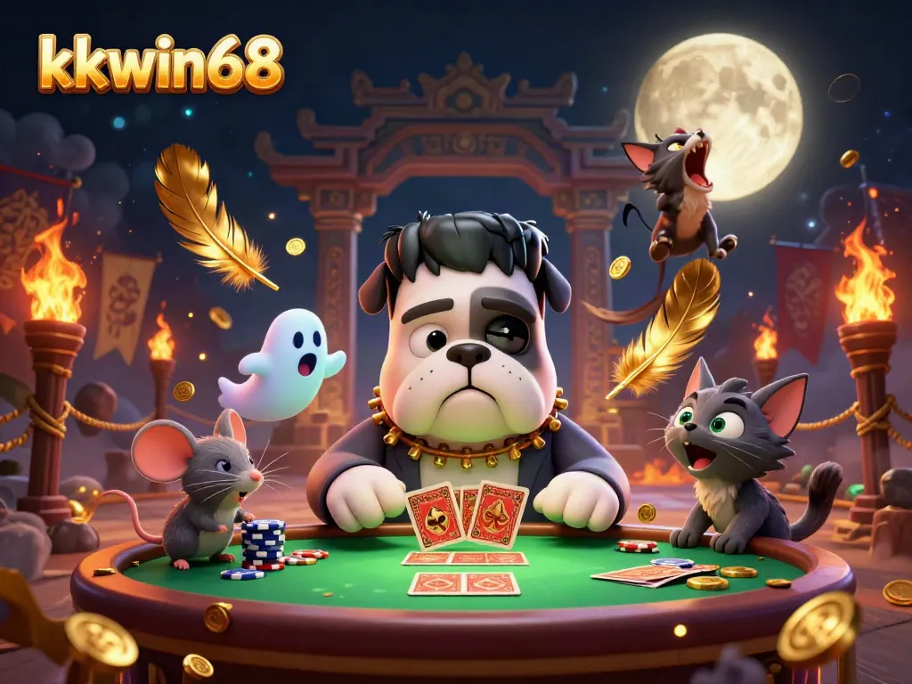 Engage with thrilling kkwin68 gameplay featuring a Frankenstein bulldog and friends in a vibrant 3D casino.