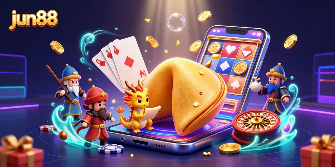 Win big at jun88 with a vibrant 3D illustration of a golden fortune cookie amidst a colorful casino scene.