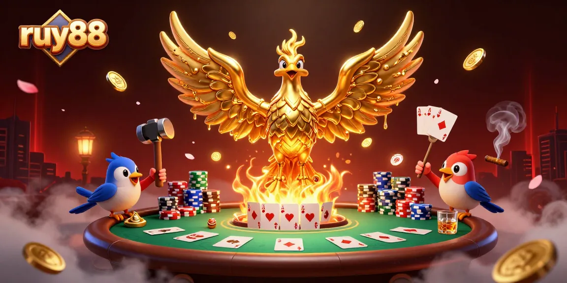 Experience thrilling ruy88 casino moments with a vibrant, detailed illustration of a phoenix and poker gameplay.