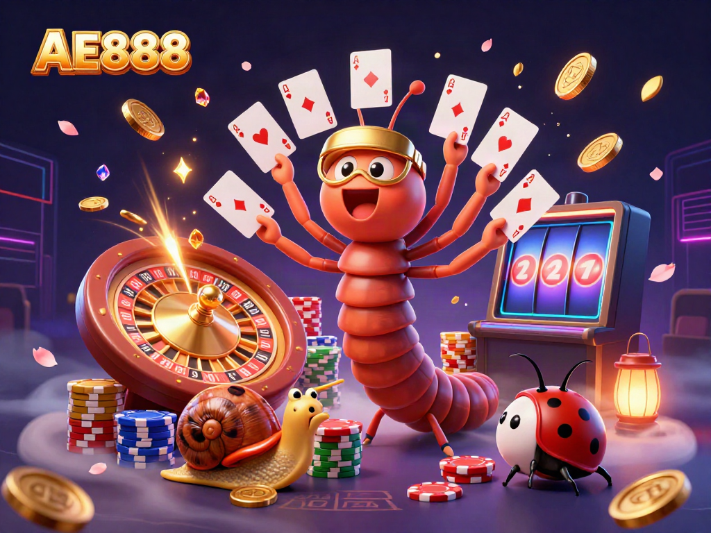 Engage with the vibrant AE888 casino scene, showcasing a lively millipede dealer among players and exciting games.