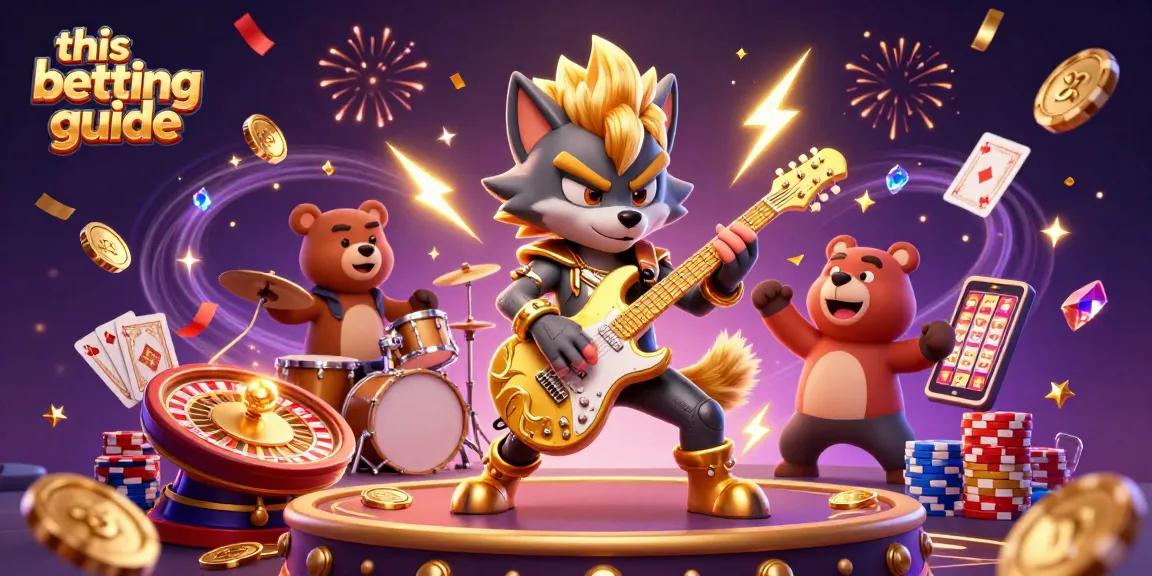 Engage with this betting guide featuring a rock star wolf and drummer bear amidst casino excitement.