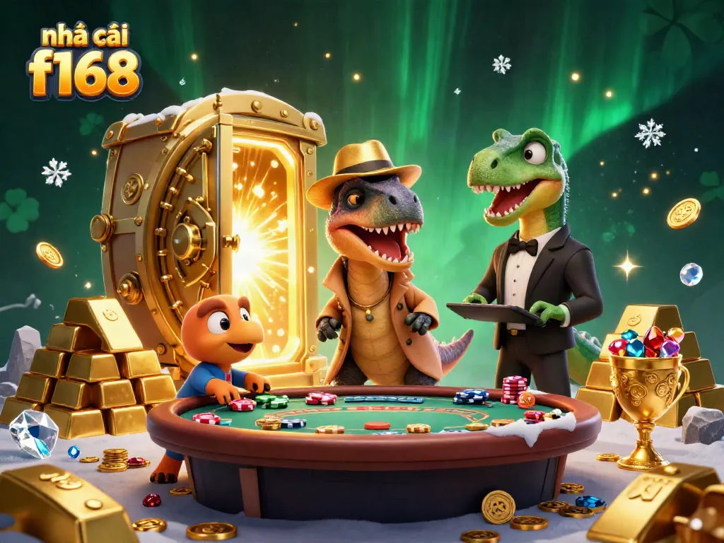 nhà cái f168 showcases a lively casino scene with a cartoon velociraptor card counter and other vibrant characters.
