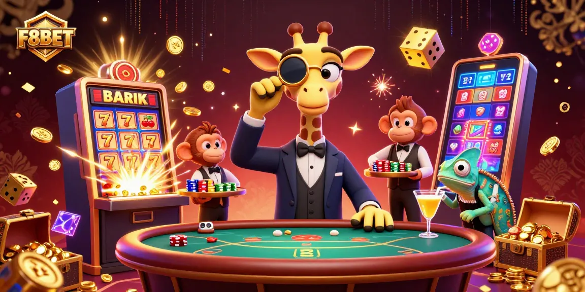 Experience F8BET's thrilling online casino atmosphere with a high-roller giraffe and a monkey valet amidst a jackpot scene.