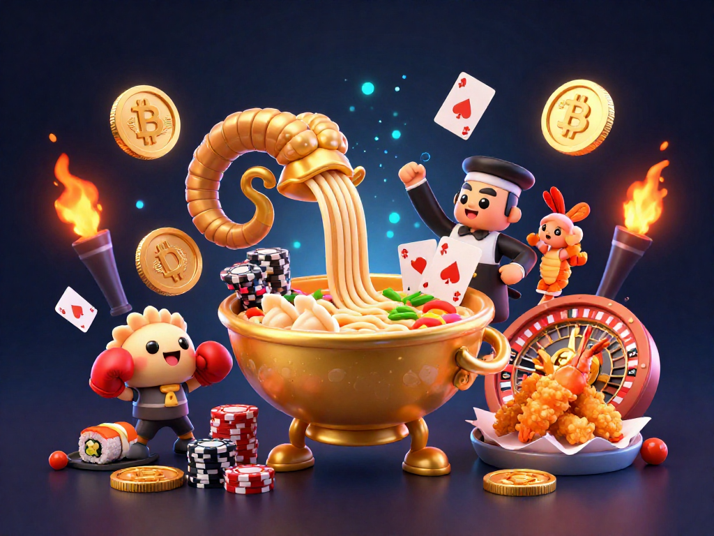Experience the thrill of tg88 gaming with a vibrant casino scene featuring a giant ramen bowl dealer, dynamic characters, and glowing crypto elements.