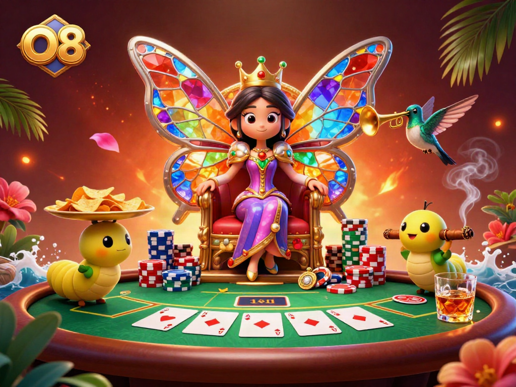 Engage with O8’s lively casino scene featuring a butterfly queen amid poker excitement.