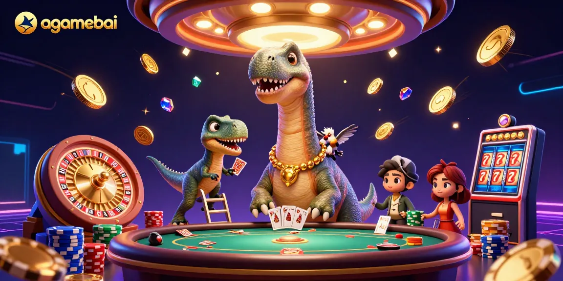 Experience agamebai with vibrant casino action as a brontosaurus watches over a spirited poker scene.