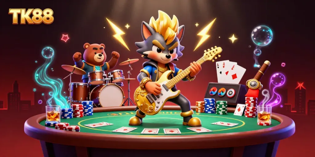 Engage with TK88's vibrant casino scene featuring a rock star wolf and a drummer bear amidst poker elements.