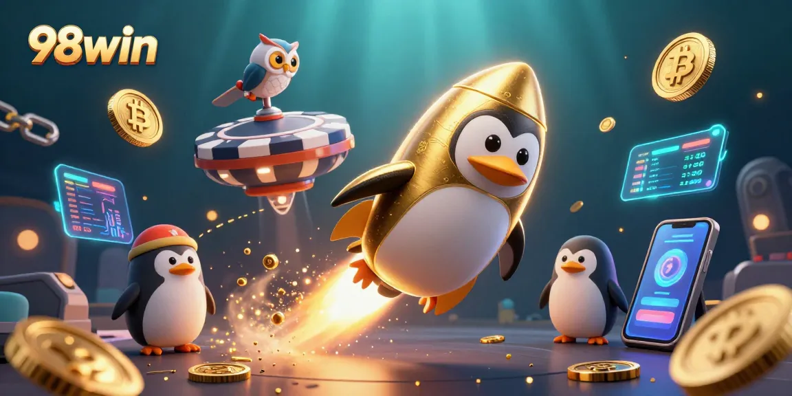 Experience thrilling gameplay with 98win, where a golden penguin races to a casino!
