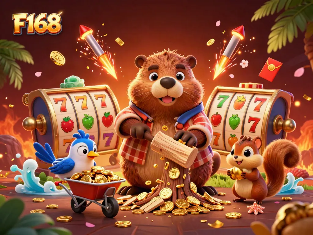 Experience the thrill of F168 with a vibrant scene of a beaver and friends collecting coins in a dazzling casino