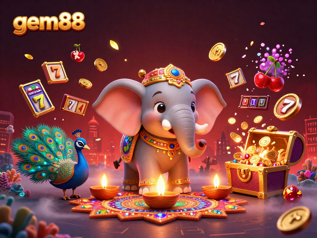 Bet on gem88 with vibrant 3D illustration of casino elements, Diwali-themed characters, and gem-filled treasures.