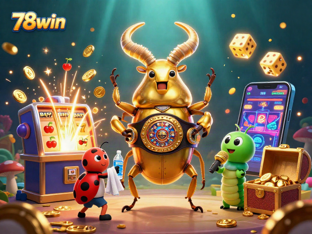 Engage with 78win's vibrant gaming scene featuring a golden stag beetle and exciting casino elements.