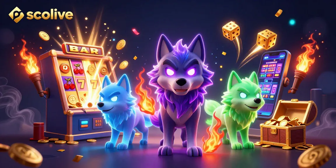 Socolive gamblers enjoy a vibrant gaming scene with slot machines, glowing wolves, and dynamic casino effects.