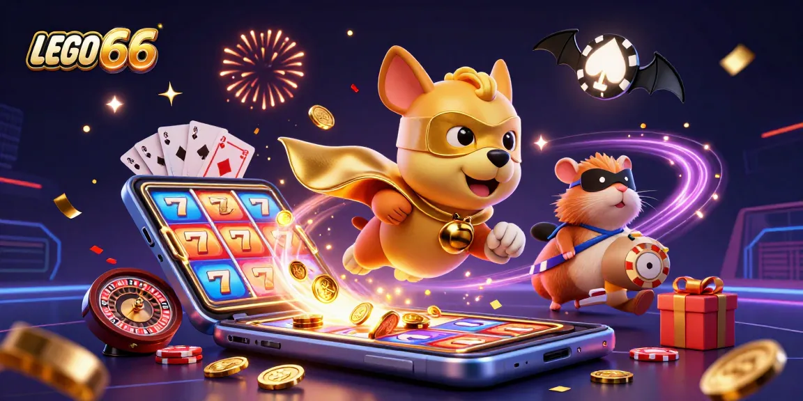 Lego66 showcases a superhero dog flying while delivering slot game fun and excitement.