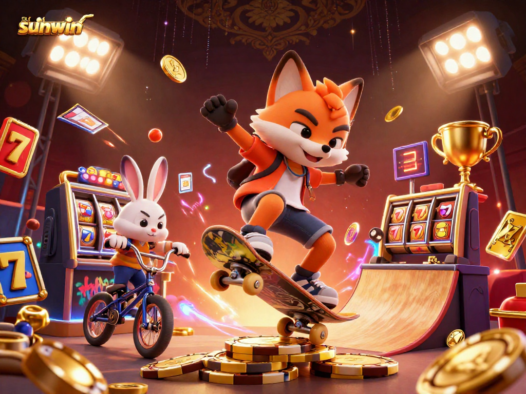 Experience exciting gameplay with sunwin, as a fox skates over golden poker chips amid vibrant casino graphics.
