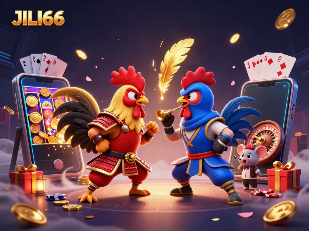 Engage with JILI66 in a showdown featuring cartoon roosters, casino elements, and vibrant game atmosphere.