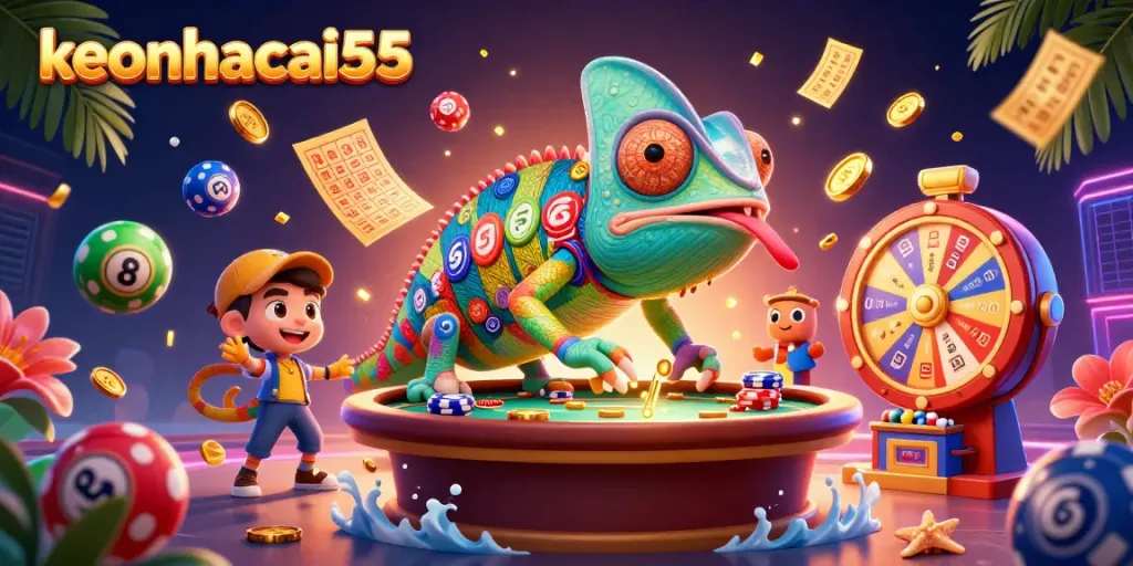 Engage with seamless gameplay at keonhacai55 amid vibrant casino action with golden coins and lottery balls.
