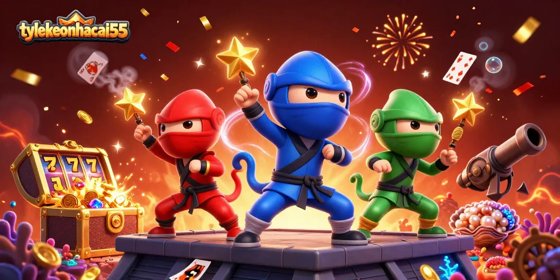 Engage with tylekeonhacai55 as 3D cartoon ninja chameleons dominate a vibrant casino scene.