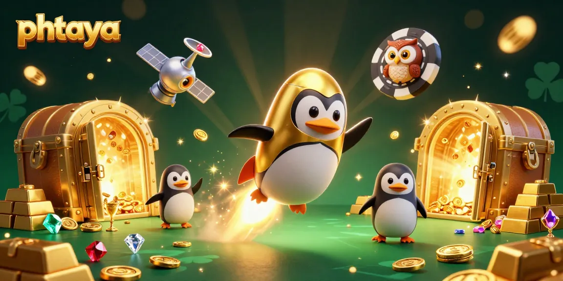 Phtaya features a playful penguin and an owl in a casino space scene, promising rich winnings.