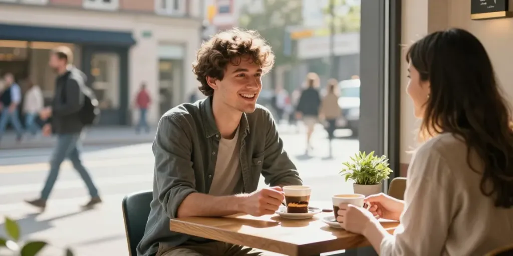 A young man learning how to talk to women during a lively café conversation, showcasing playfulness and connection.