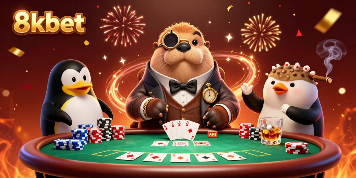 Experience thrilling gameplay at 8xbet's poker table with animated characters and vibrant casino elements.