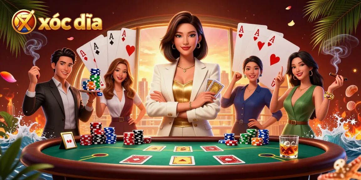 Xóc đĩa gameplay featuring a glamorous dealer with poker chips and a vibrant casino atmosphere.