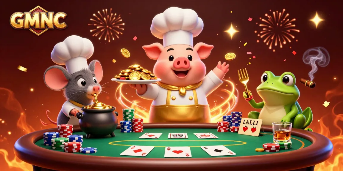 Join GMNC in this lively scene featuring a chef pig serving gold coins, surrounded by poker elements.
