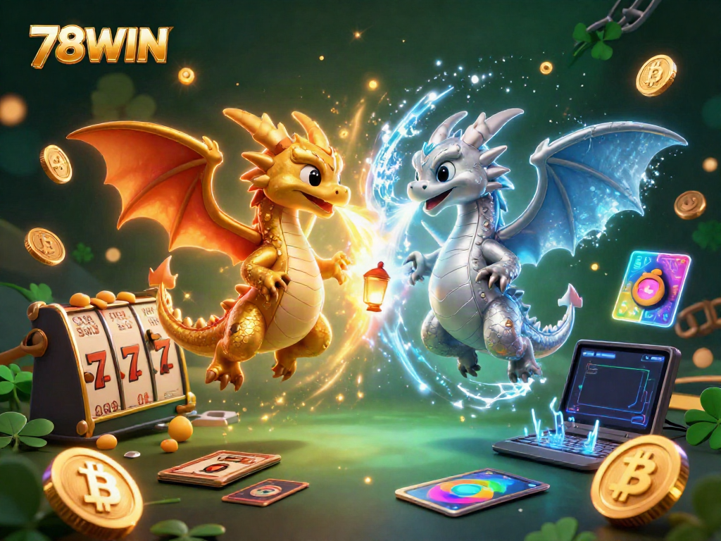 Experience exhilarating gaming with 78WIN as twin dragons unleash epic energy in a vibrant casino scene.
