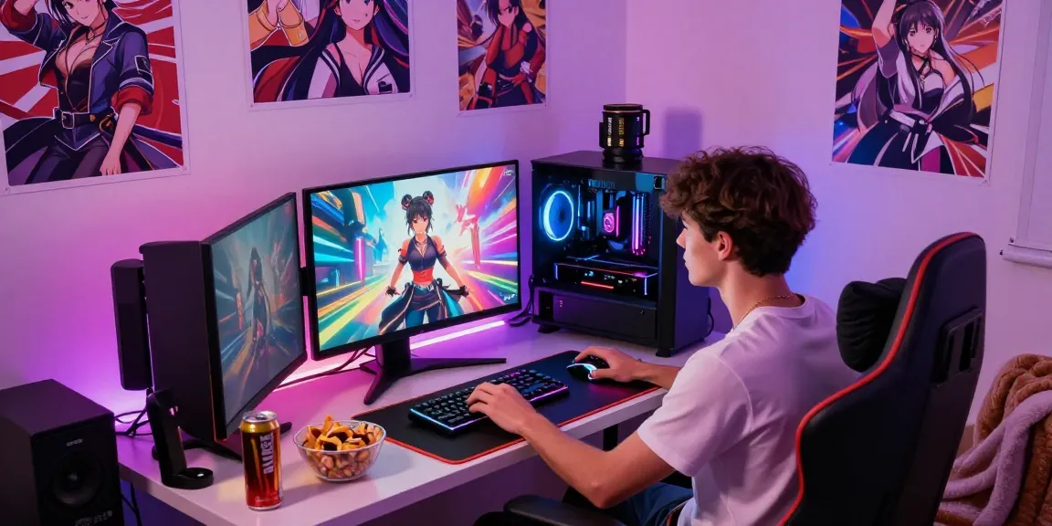 Engaging scene of a character playing a free hentai game in a vibrant gaming corner with stylish decor.