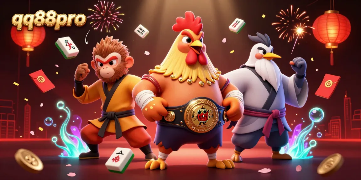 Win big with exciting gaming elements at qq88pro, featuring dynamic Muay Thai rooster and martial artists.