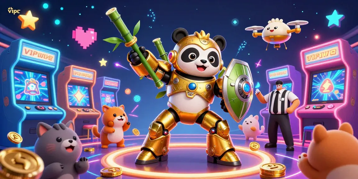 Experience thrilling wins at vipwin with the mech-suit panda in an animated casino scene.