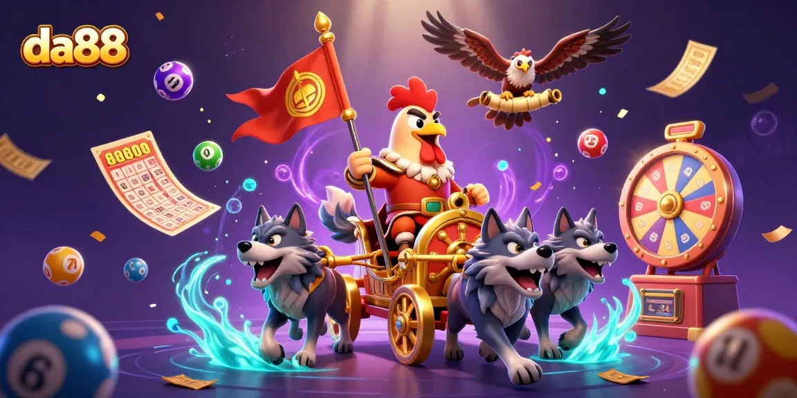 Experience the da88 adventure with a rooster warlord and lottery excitement in a vibrant casino scene.