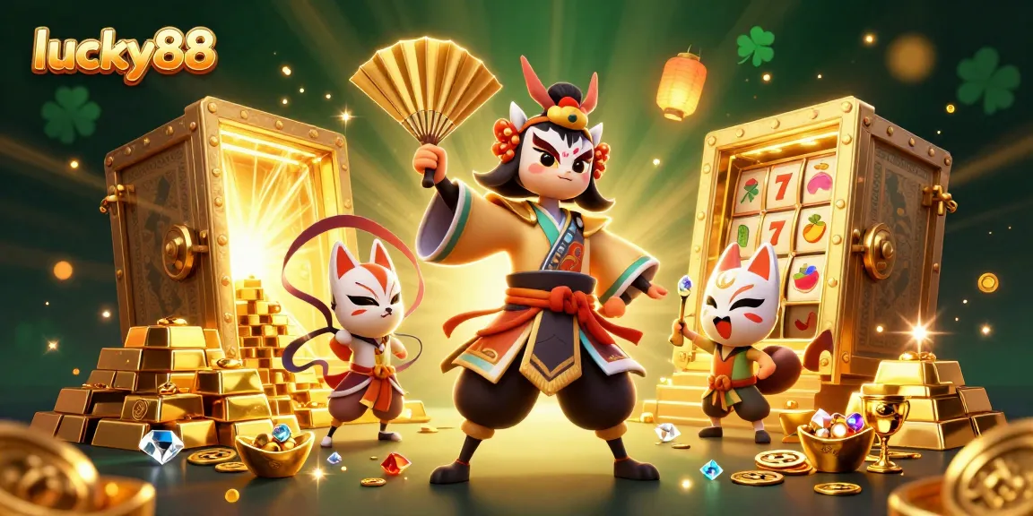 Engage with lucky88's vibrant scene featuring a kabuki warrior and casino treasures.