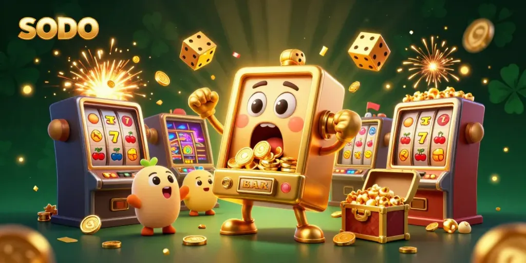 SODO slot machine celebrates a jackpot win with coins flying, showcasing an energetic casino scene.