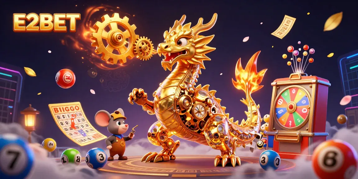 E2BET's dynamic gaming experience with a golden dragon and vibrant lottery elements.
