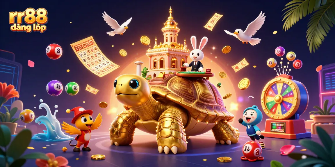 Betting on rr88 đăng nhập with a golden tortoise casino, vibrant lottery elements, and lively dealer.