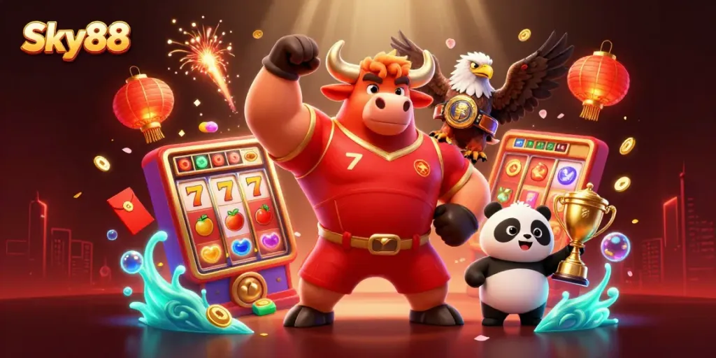Experience lively gaming excitement at Sky88 with a dynamic 3D casino-themed scene featuring vibrant characters and elements.