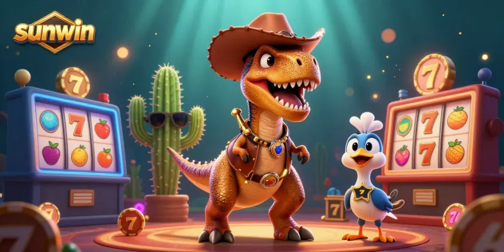 Experience thrilling gaming with sunwin at this colorful casino scene featuring a cowboy dinosaur and casino elements.