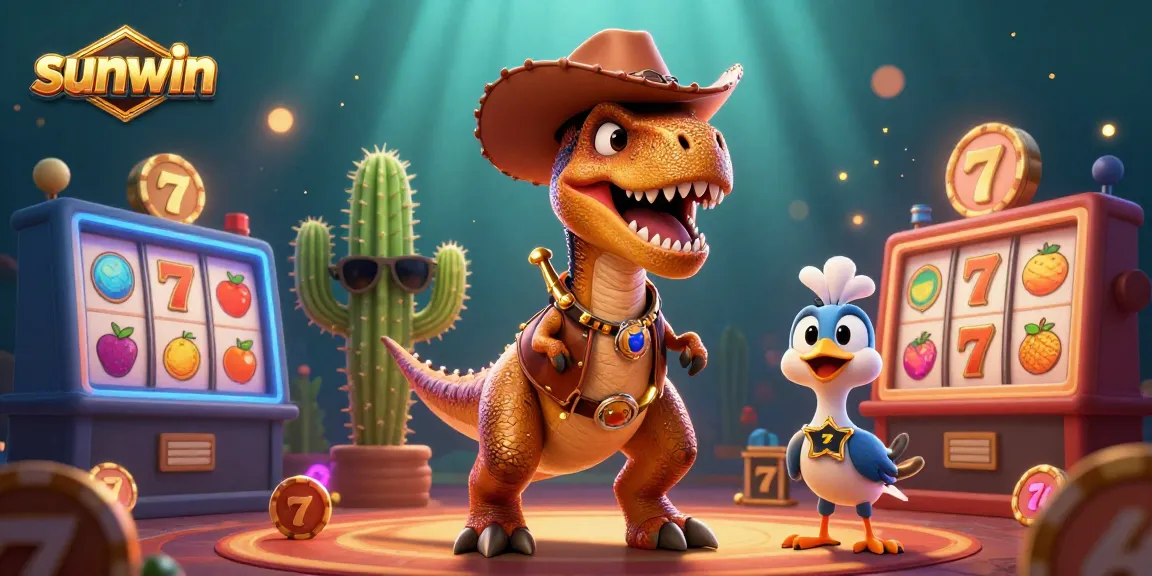 Experience thrilling gaming with sunwin at this colorful casino scene featuring a cowboy dinosaur and casino elements.