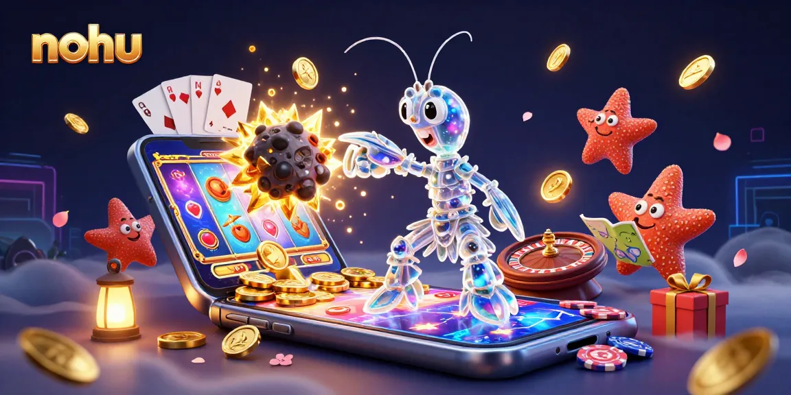 Nohu showcases an epic scene of mantis shrimp and starfish amidst gold coins and vibrant slot gaming elements.