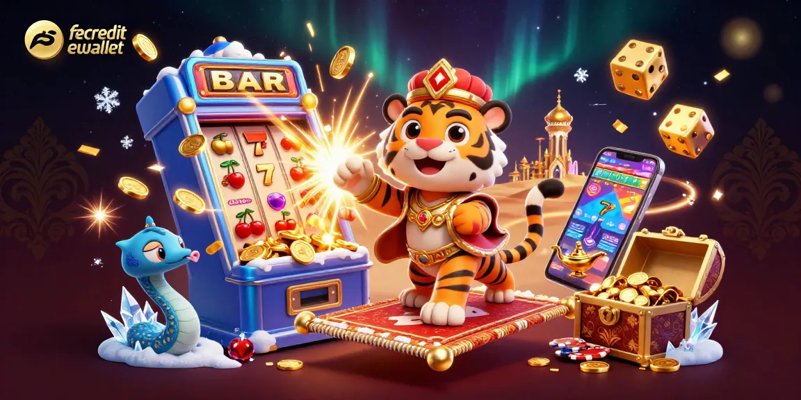 Win big with free credit ewallet in this vibrant 3D casino scene filled with excitement.