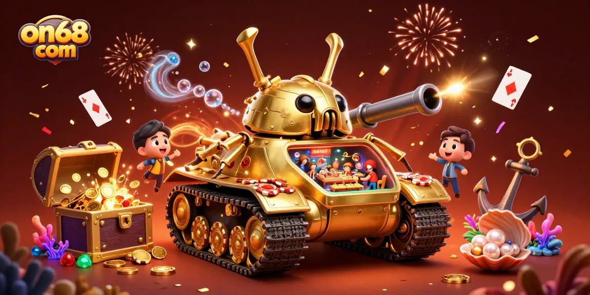 Experience the excitement of on68 com with a vibrant 3D illustration showcasing a mini casino and playful game elements.
