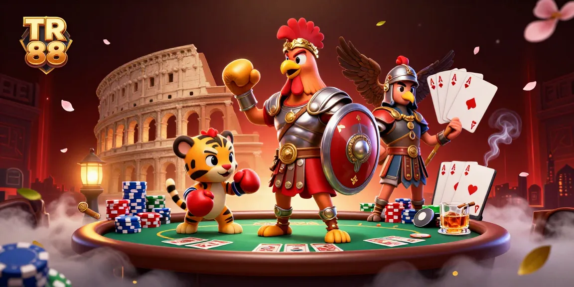 Engage with TR 88's vibrant 3D casino scene, featuring a gladiator rooster and poker elements.