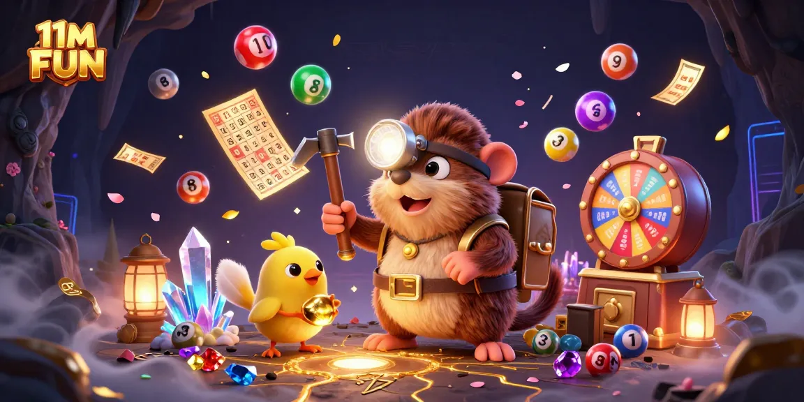 Engaging 11M FUN illustration featuring treasure hunter mole amidst casino games elements