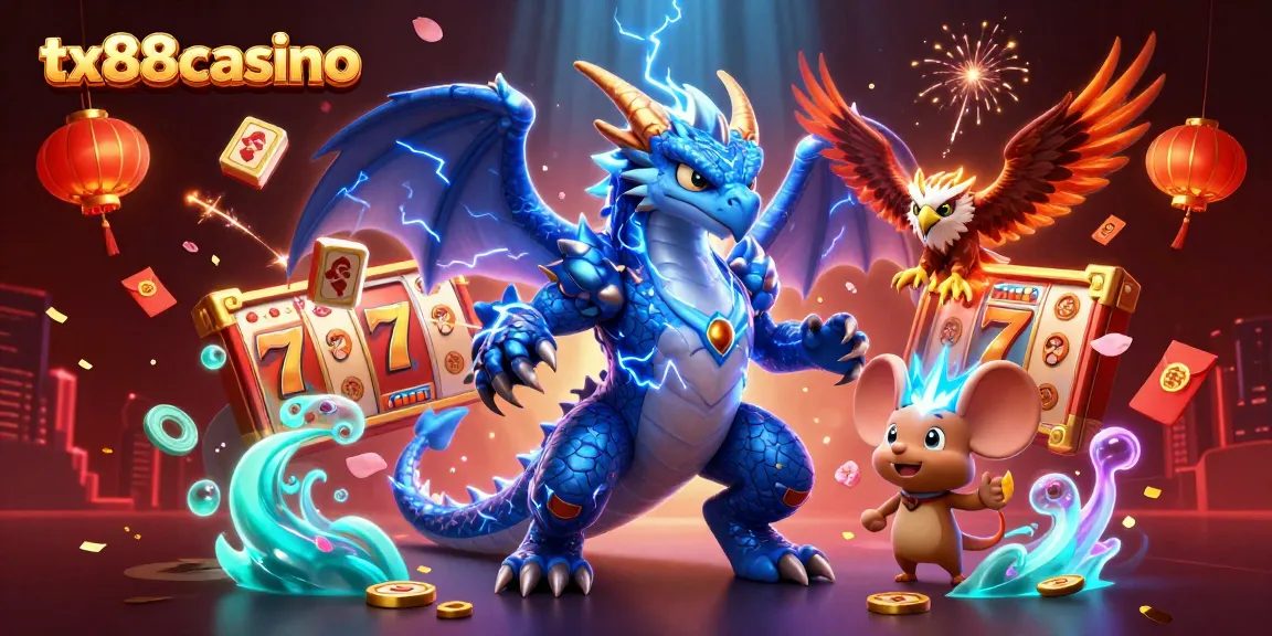 Experience the excitement of tx88casino with vibrant slot reels, golden coins, and dynamic casino elements.