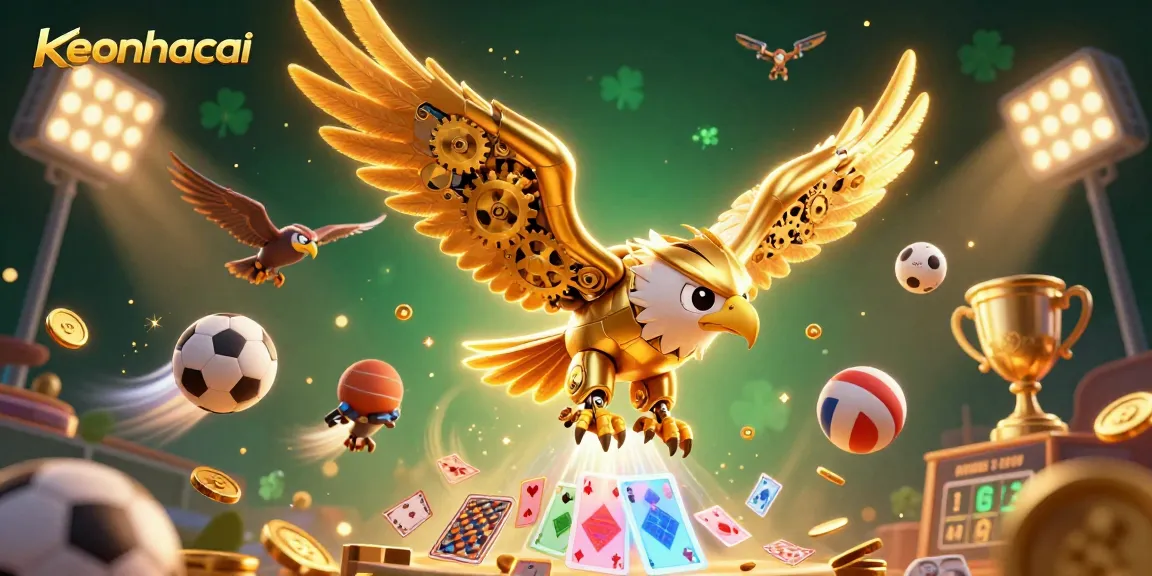 Experience keonhacai with a dynamic 3D scene featuring a golden eagle amidst sports betting elements.
