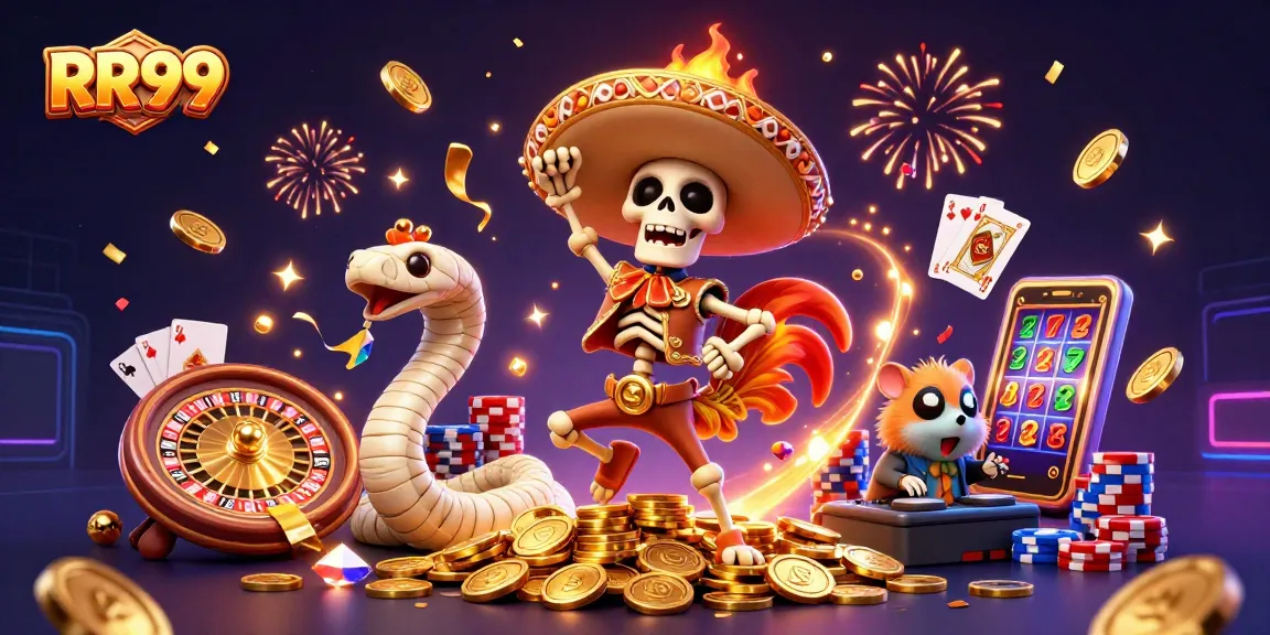 Celebrate big wins with RR99's enticing casino scene, showcasing vibrant characters amid gold coins.