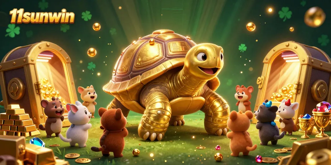 Play with 11sunwin's exciting golden tortoise casino scene featuring treasures and animated elements.