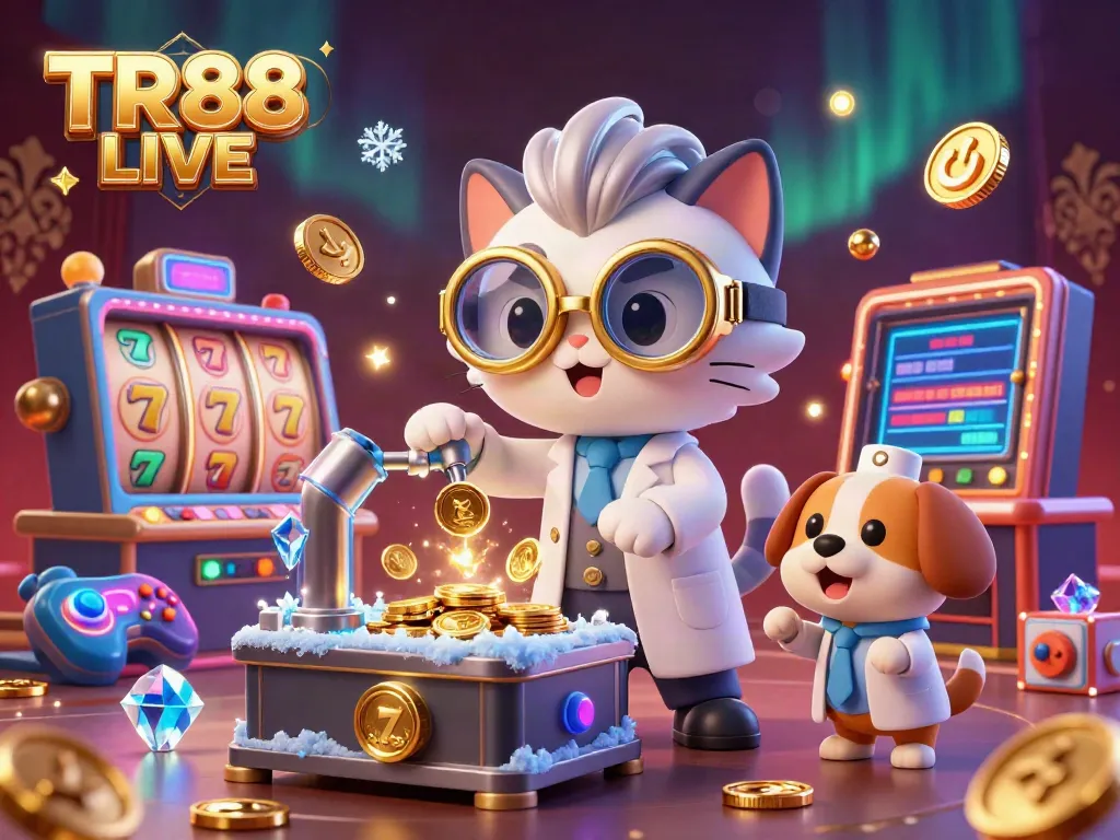 Experience the excitement of TR88 LIVE with a mad scientist cat and lab assistant amidst vibrant slot game elements.